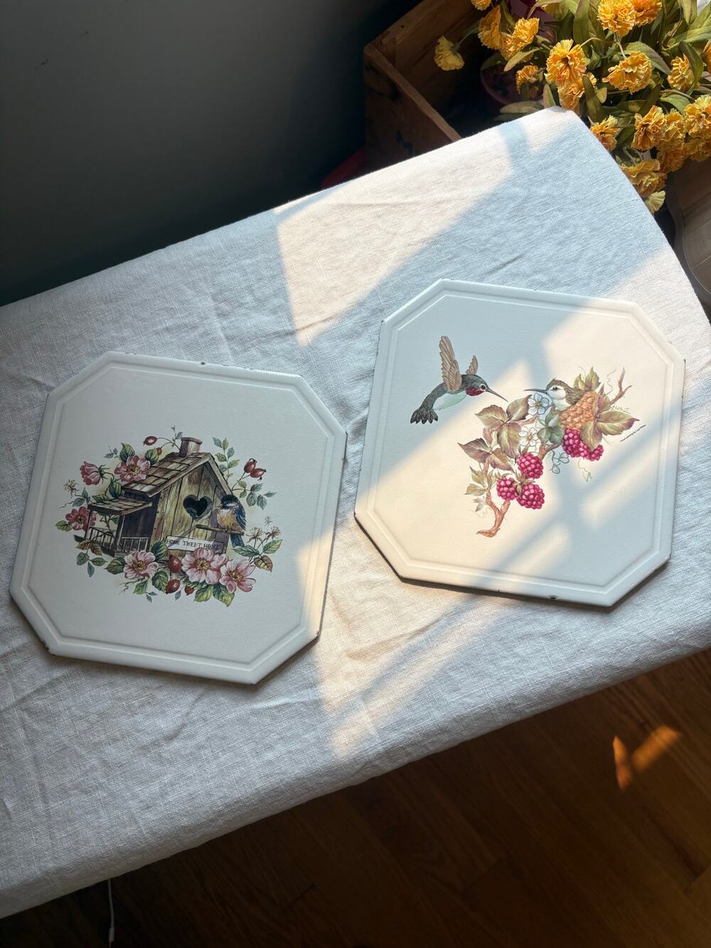 Ceramic vintage tiles stoneware trivets hand painted with birds set of 2